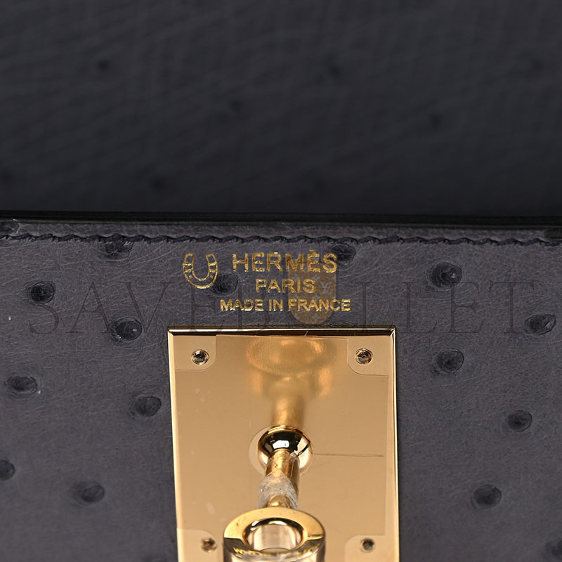 HERMÈS MASTER OSTRICH HORSESHOE KELLY SELLIER 28 GRIS AGATE BLEU IRIS (28*22*10cm)